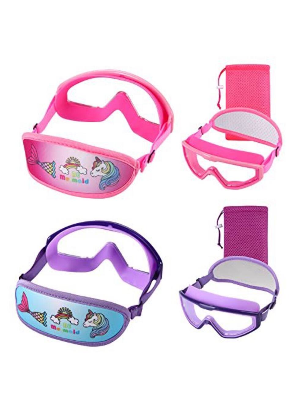 2PK Swim Goggles,Kids Goggles Fabric Strap, Wide View Pink Girls Swimming Mask